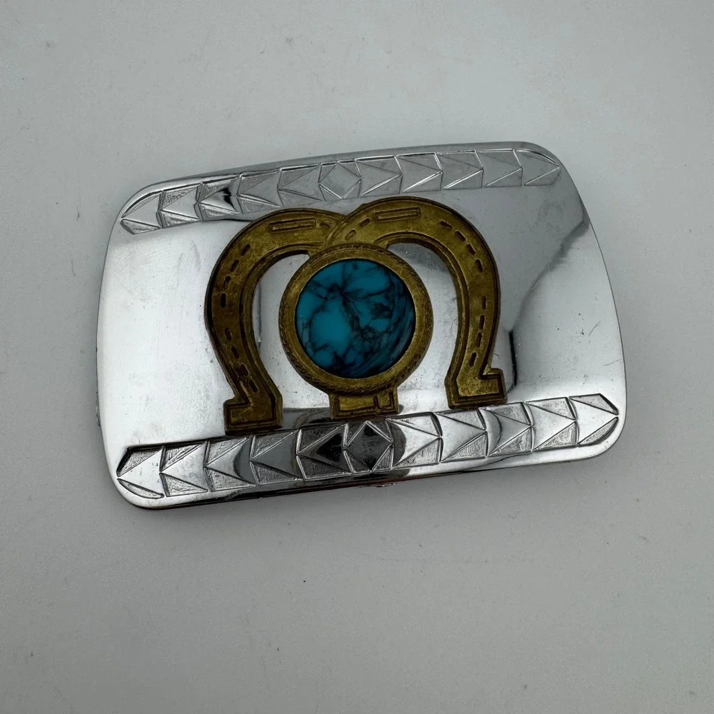 Belt Buckle Silver Tone Western Horseshoe Faux Turquoise Etched